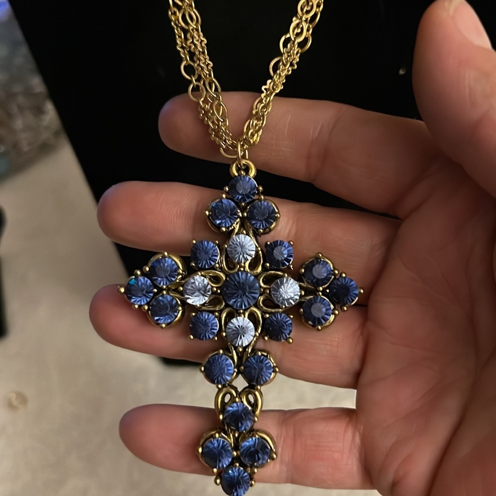 Vintage Gold-Tone Blue & Clear Rhinestone Cross Necklace - Picture 2 of 4